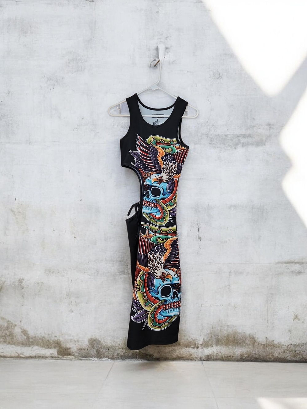 One-Shoulder Black Dress with Multicolor Skull & Eagle Print